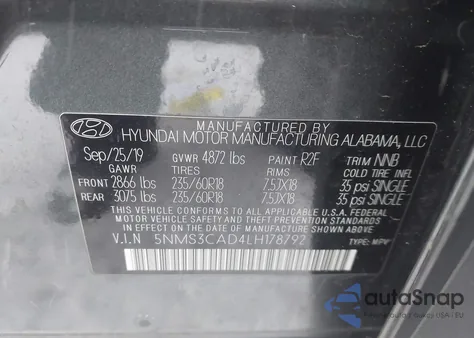 2020 Hyundai Santa Fe Sel z USA, uszkodzony, nr VIN 5NMS3CAD4LH178792